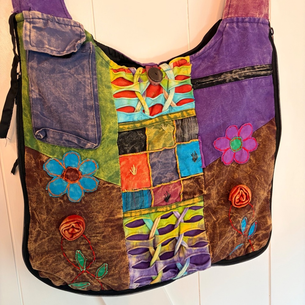Rising International Patchwork Boho Hobo Bag Cotton Crossbody Nepal Floral Multi